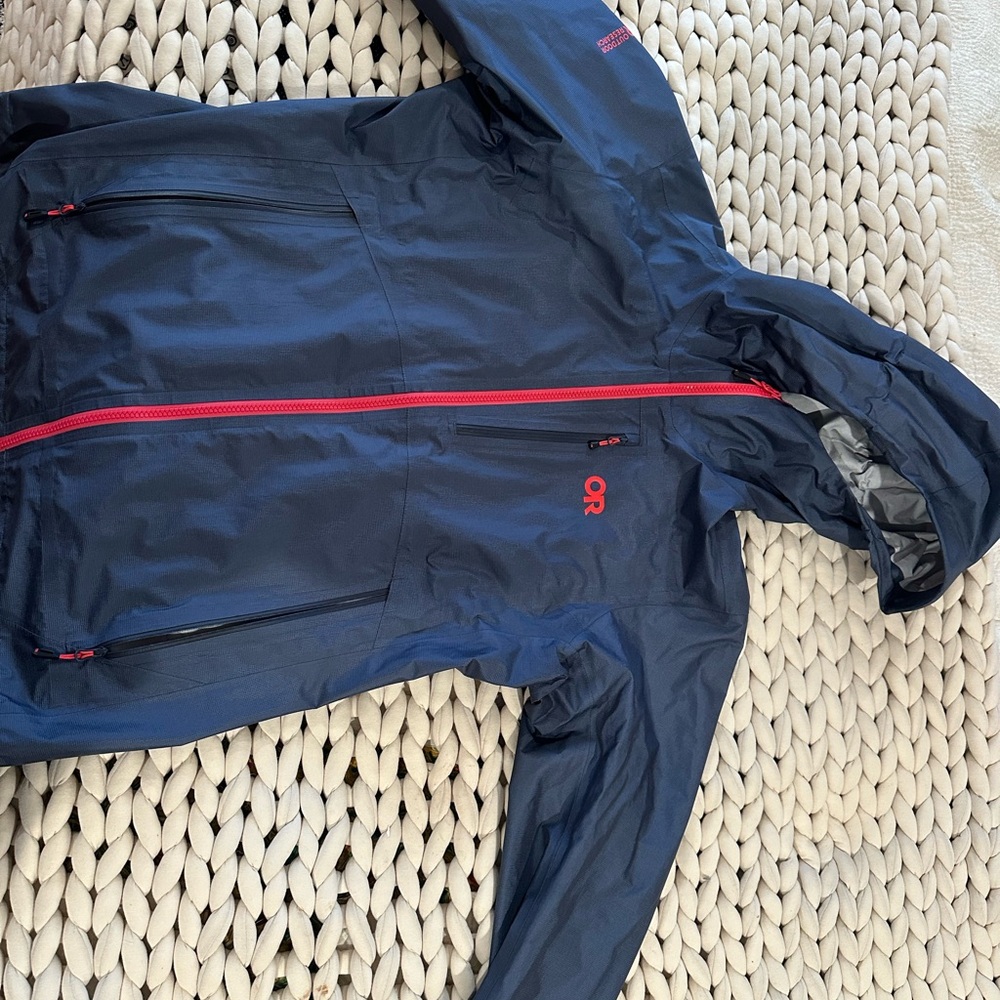 Outdoor research helium ascent shell blue Jacket with bright pink accents